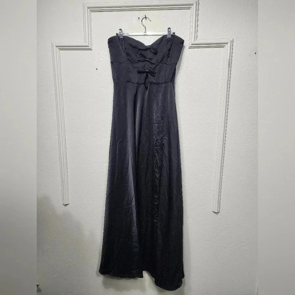 Lulu's Upscale Poise Black Satin Bow Strapless Maxi Dress Wedding Party Guest - Picture 6 of 12